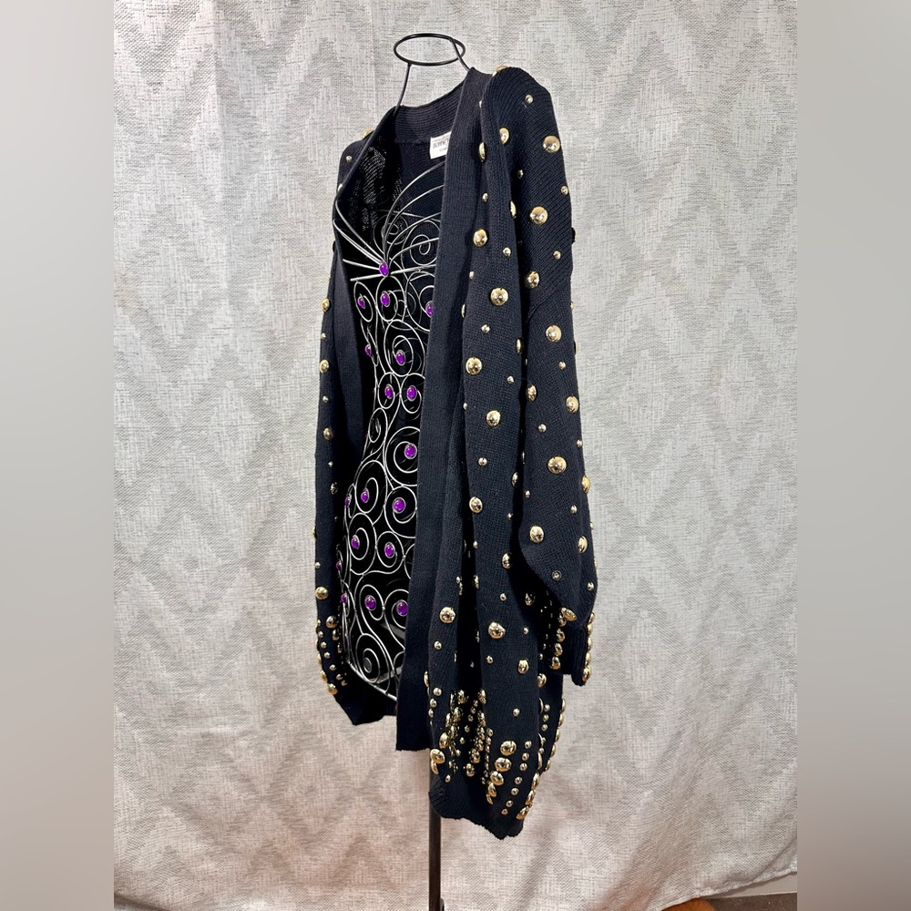 Vintage Bonnie Boerer & Company gold studded black knit cardigan size M - Picture 3 of 10